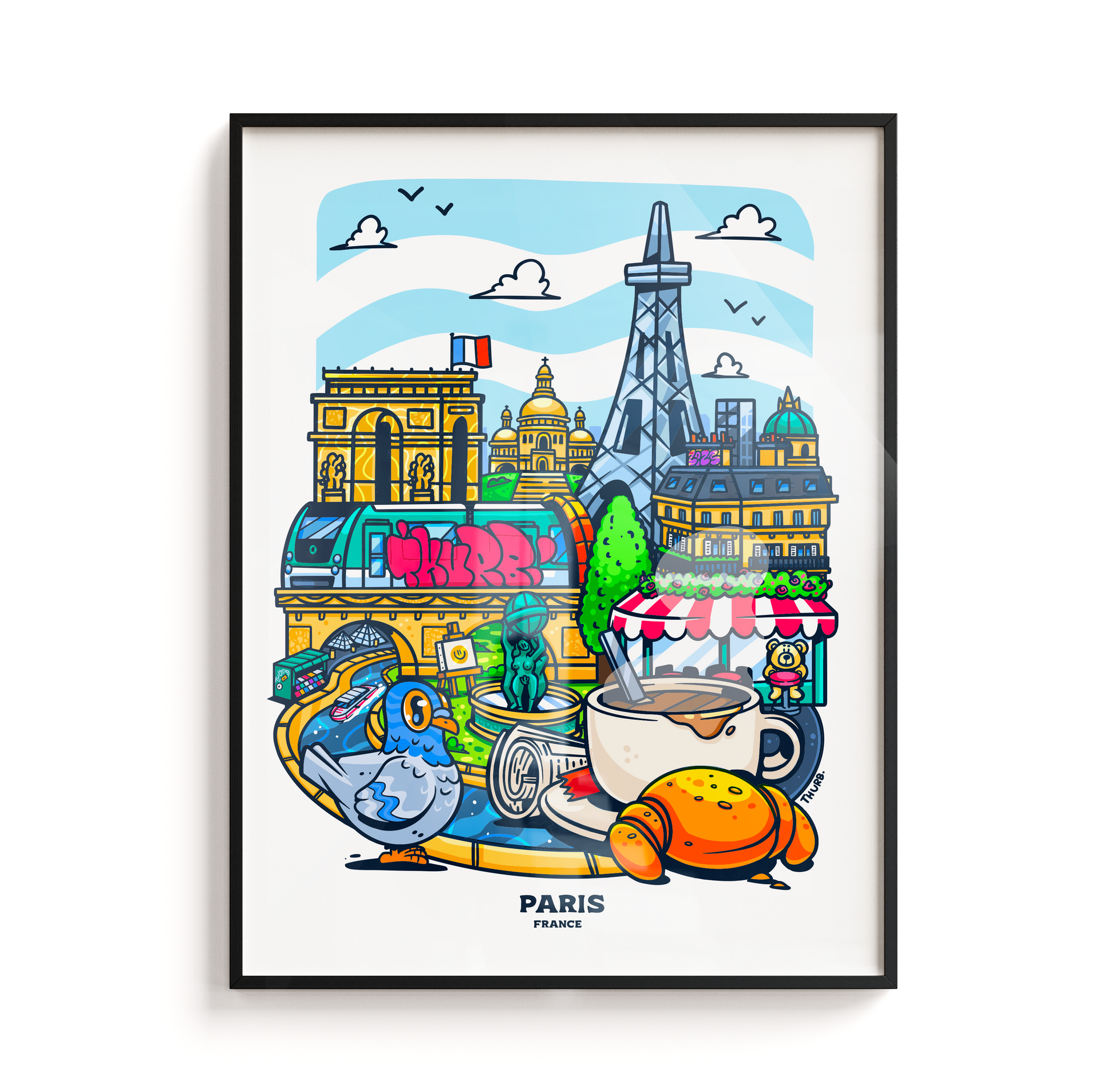 Affiche de la ville de Paris avec pleins d'éléments représentants la ville comme des boissons, des plats et des monuments.